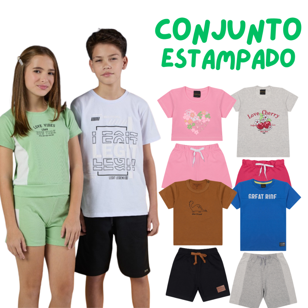 Conjunto 2 Peças Estampado Sortido Menino e Menina Infantil Juvenil Verão Tamanho 1 ao 10
