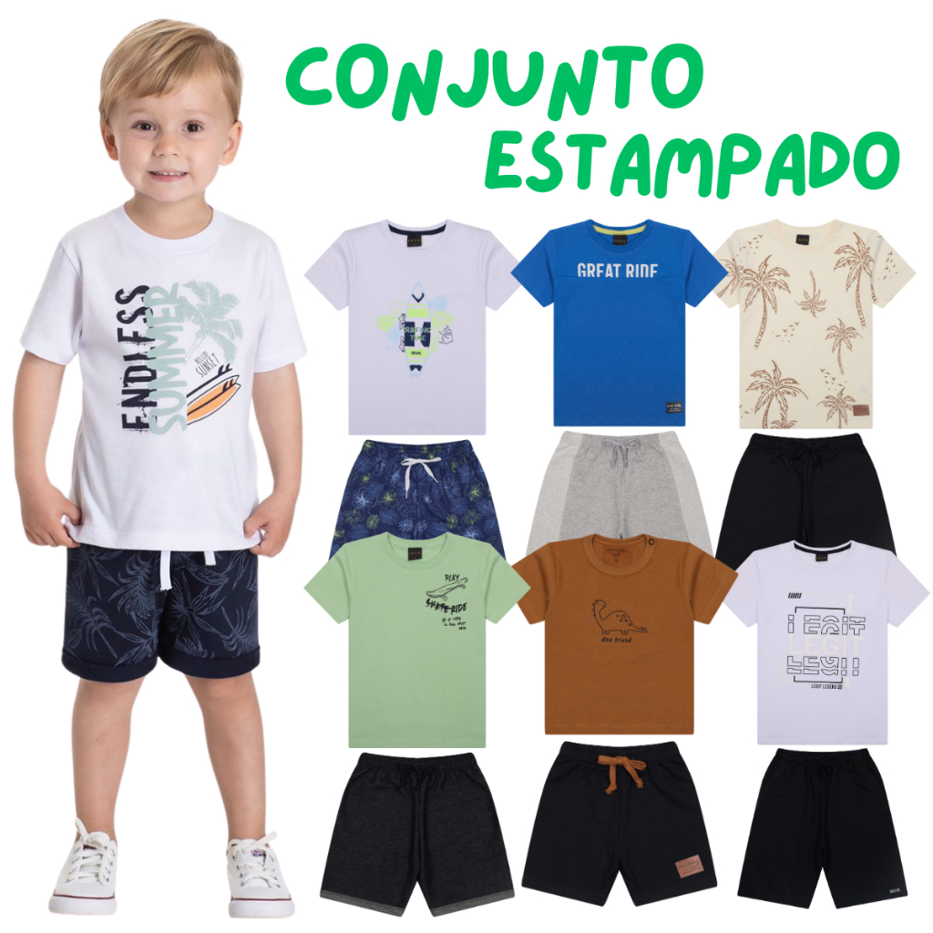 Kit 5 Conjunto 10 Peças Estampado Sortido Menino Infantil Juvenil Verão Tamanho 1 ao 10 !
