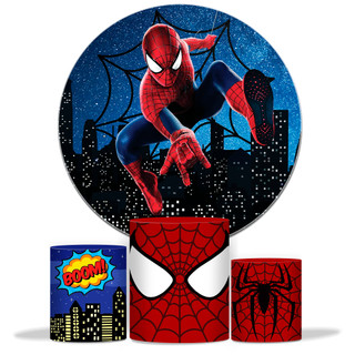 Kit Decoração Festa Infantil Painel Redondo Homem Aranh + Capas de Cilindros Aniversário Completa Premium Spider Man