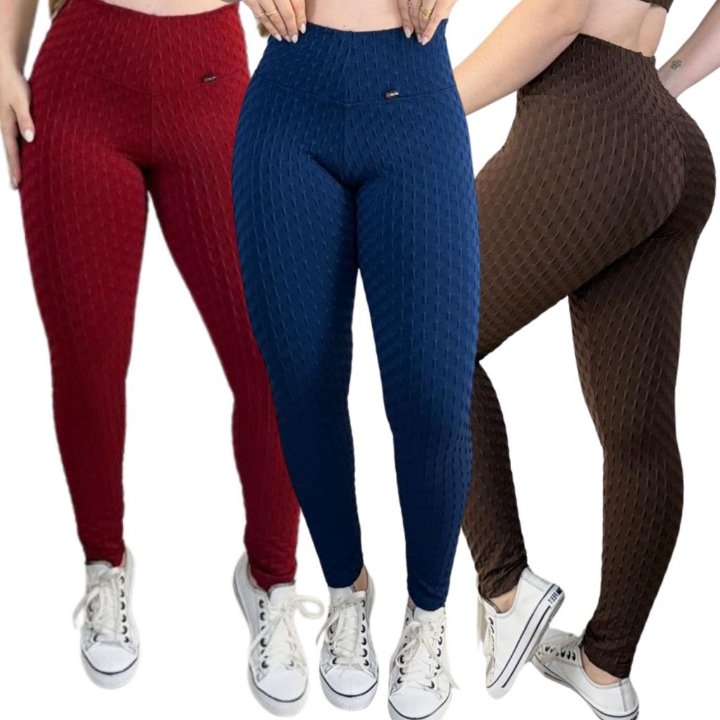 Kit 3 Calça Legging De Academia Feminina Jaquard Bolha Brocada Cos alta Zero Transparência