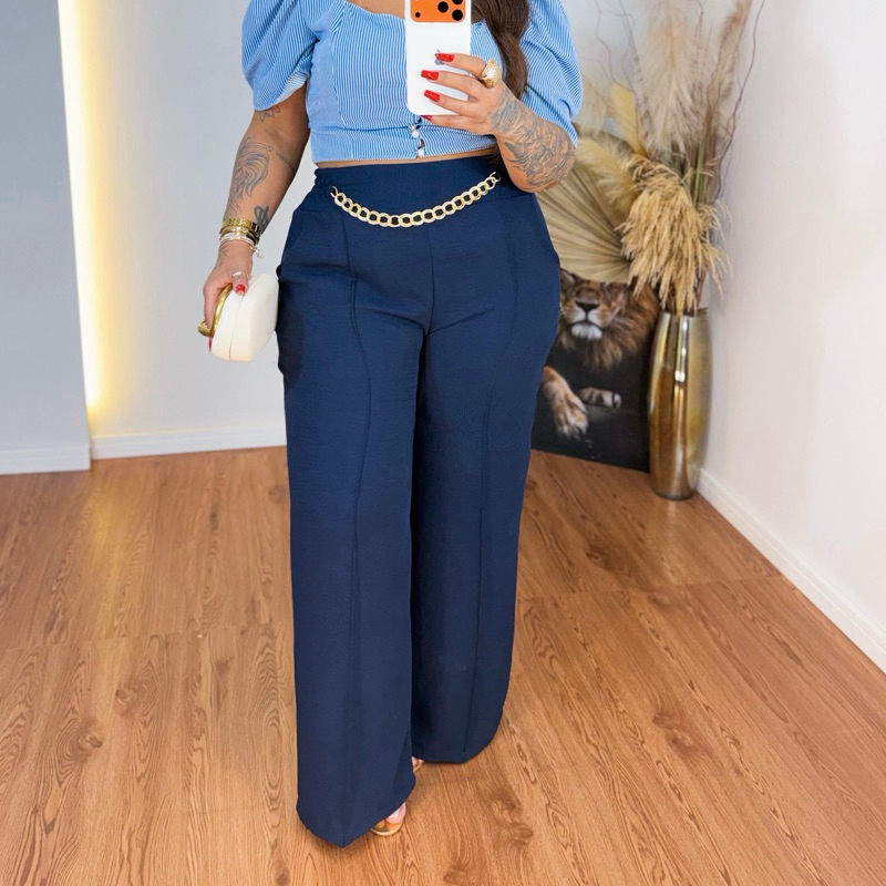 Calça plus size pantalona com corrente 48-54 em Oferta na Shopee
