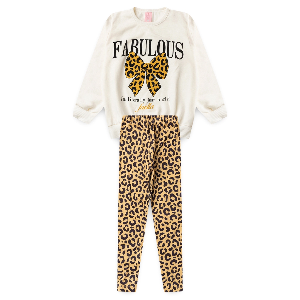 Conjunto Moletom Peluciado Infantil Feminino Fabulous Onçinha - Off White