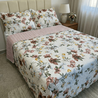 Colcha Cobre Leito Queen Dupla Face Com Porta Travesseiro Boutis 3 Peças Estampado