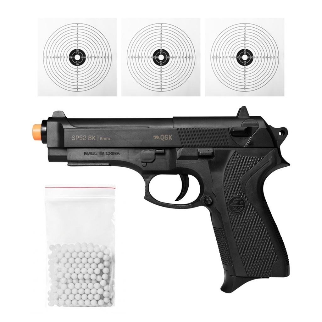 PISTOLA DE AIRSOFT SPRING SP92 6MM QGK + BBS + ALVO em Oferta na Shopee