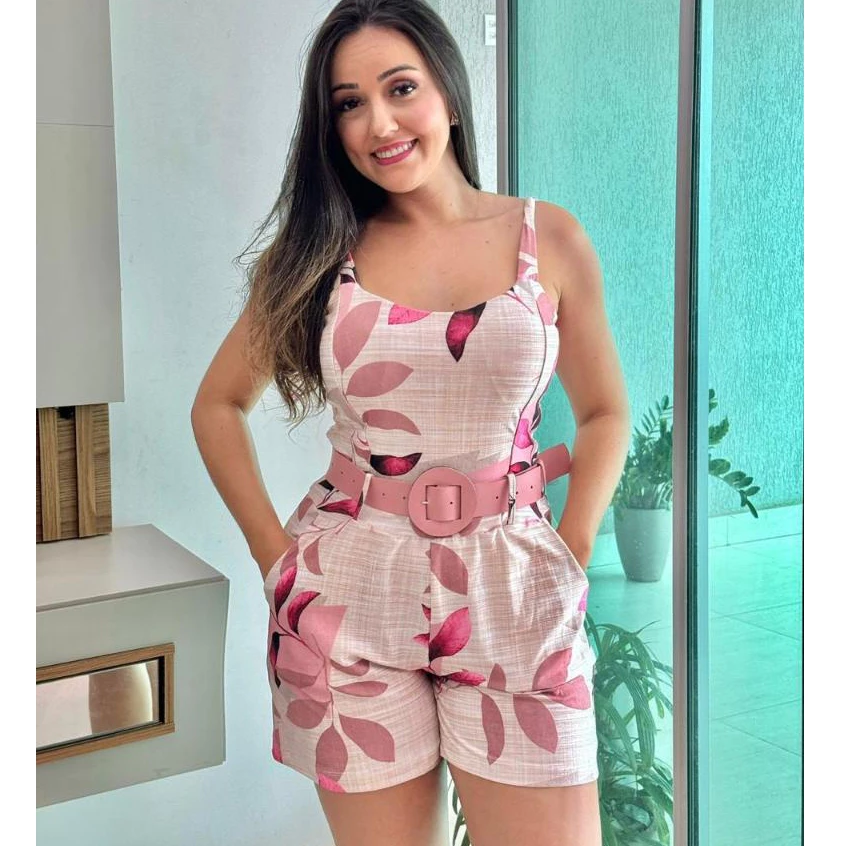 Macaquinho Feminino Curto Estampado com Bolso acompanha Cinto  Bojo Tecido Suplex digital bem verão — imagem 1