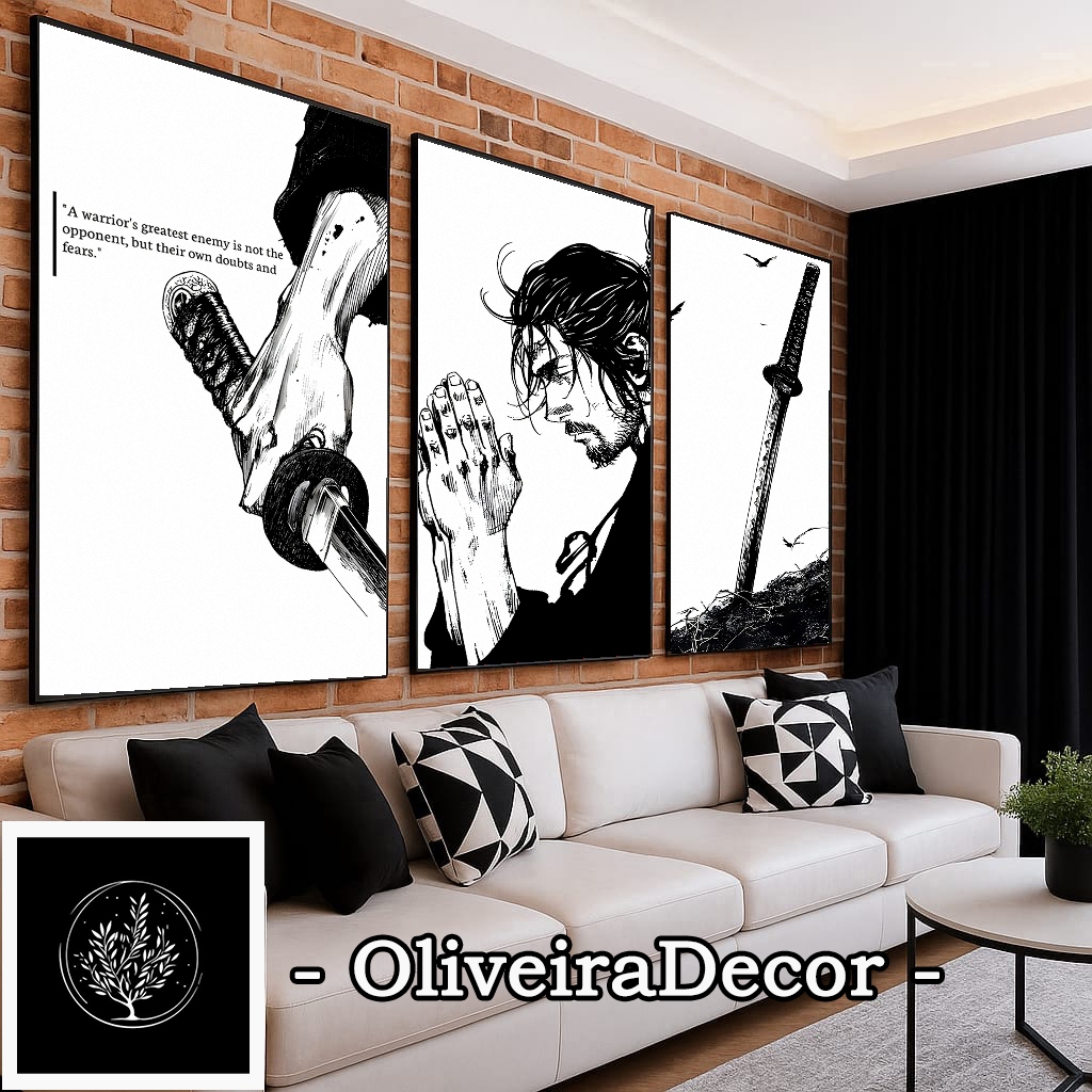 KIT QUADROS DECORATIVOS GEEK ANIME MANGA VAGABOND SAMURAI 3 PEÇAS DECORAR SALA QUARTO ESCRITORIO