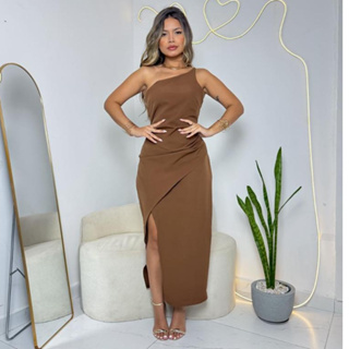 Vestido Feminino  Mídi Alfaiataria  Com Fenda  com Zíper na Costa em Oferta na Shopee