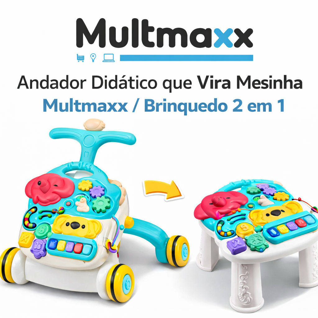 Andador Infantil Didático Que Vira Mesinha 2 em 1 Brinquedo Bichinhos Piano Musical Bebê Multmaxx