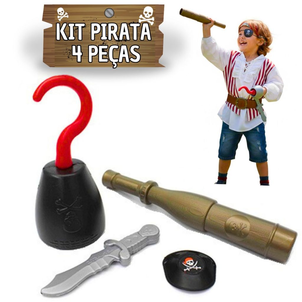 Kit Pirata Brinquedo Infantil C/ Tapa Olho + Luneta + Gancho