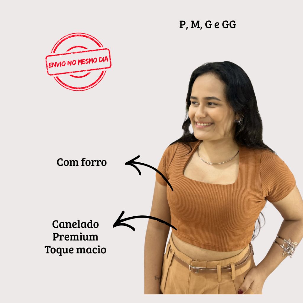 Cropped Feminino Canelado Elegante Paty Decote Quadrado Com Forro Premium P ao GG