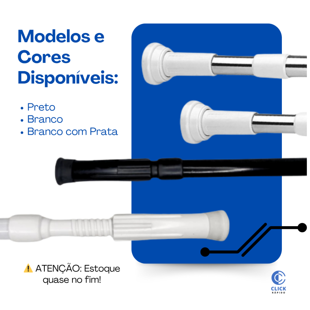 VARÃO AJUSTÁVEL  PARA CORTINA E BOX EXTENSÍVEL INSTALAÇÃO S/ FUROS, EM ALUMÍNIO COM PONTEIRAS