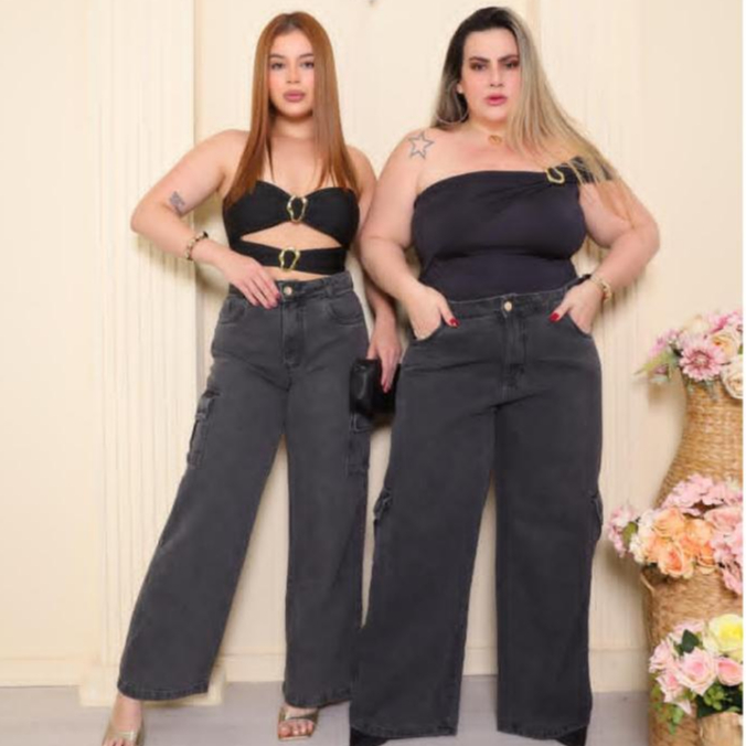 Calça jeans Grafite Cargo Cintura alta Modeladora levanta Bumbum Pantalona Plus size 36 ao 56