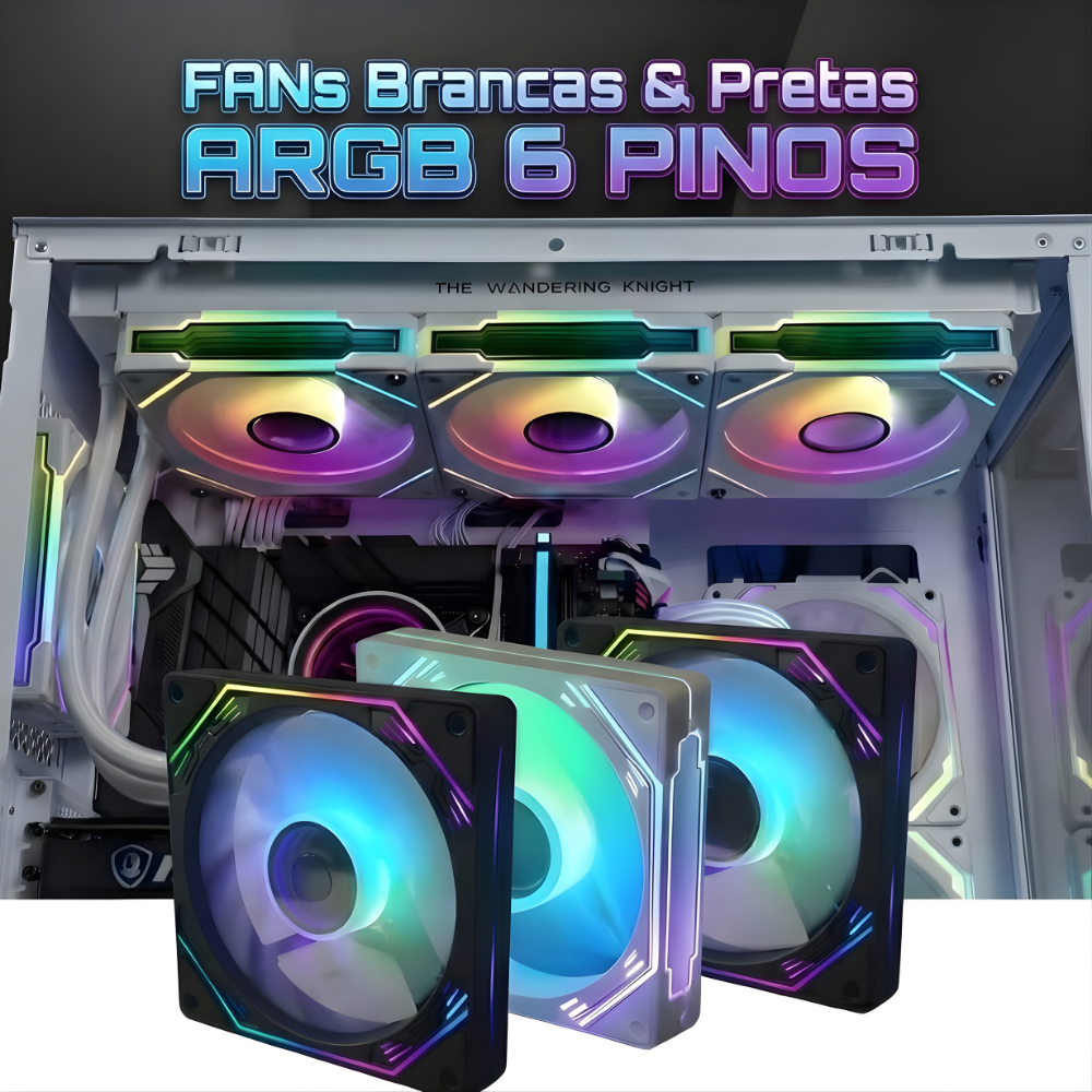 Kit 3 a 7 Cooler Fan Ventoinha 120mm Preta e Branca ARGB RGB 6 Pinos Silencioso uso em controladoras