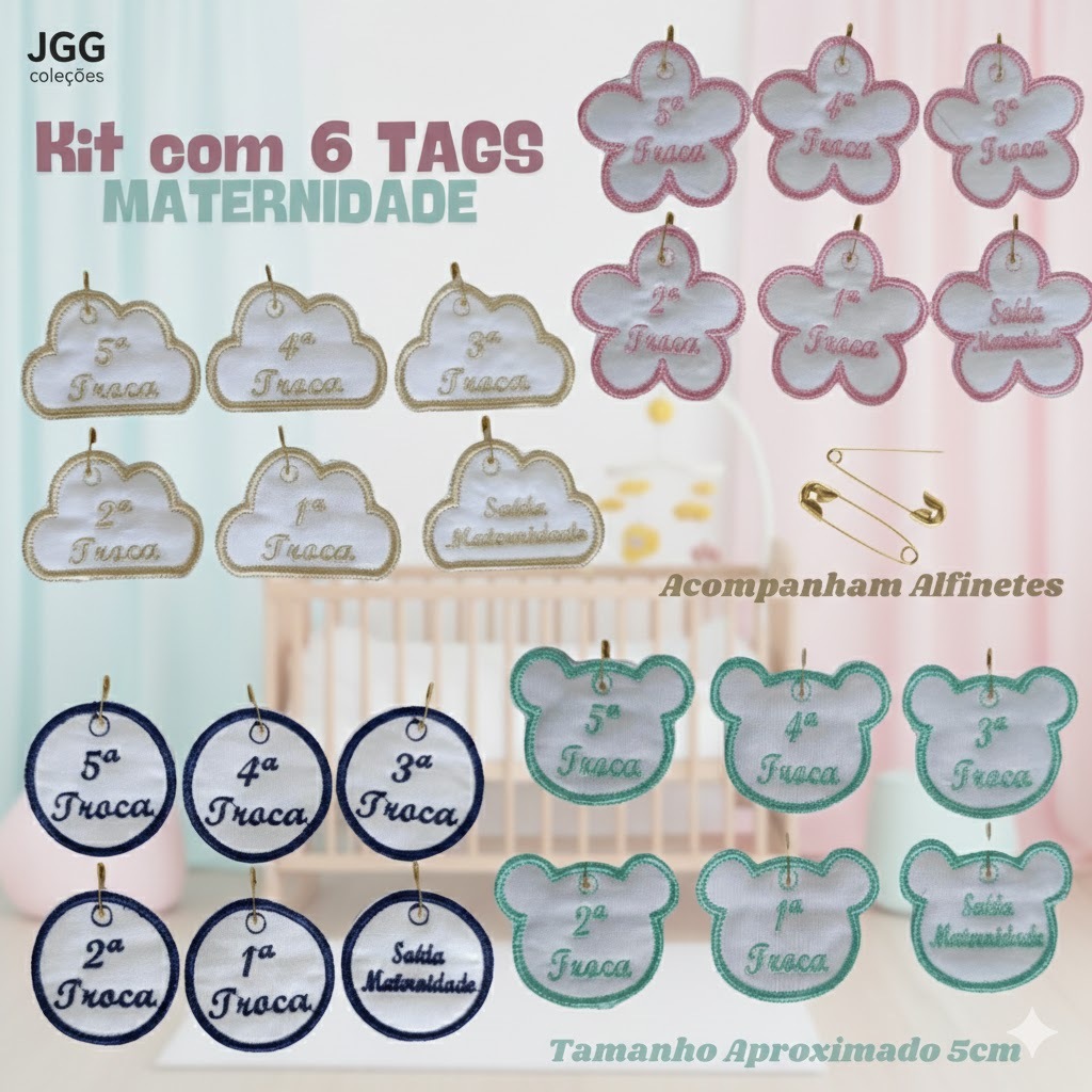 Kit 6 Tags Bordadas Identificações de Trocas para Saquinhos Organizadores para Mala de maternidade.