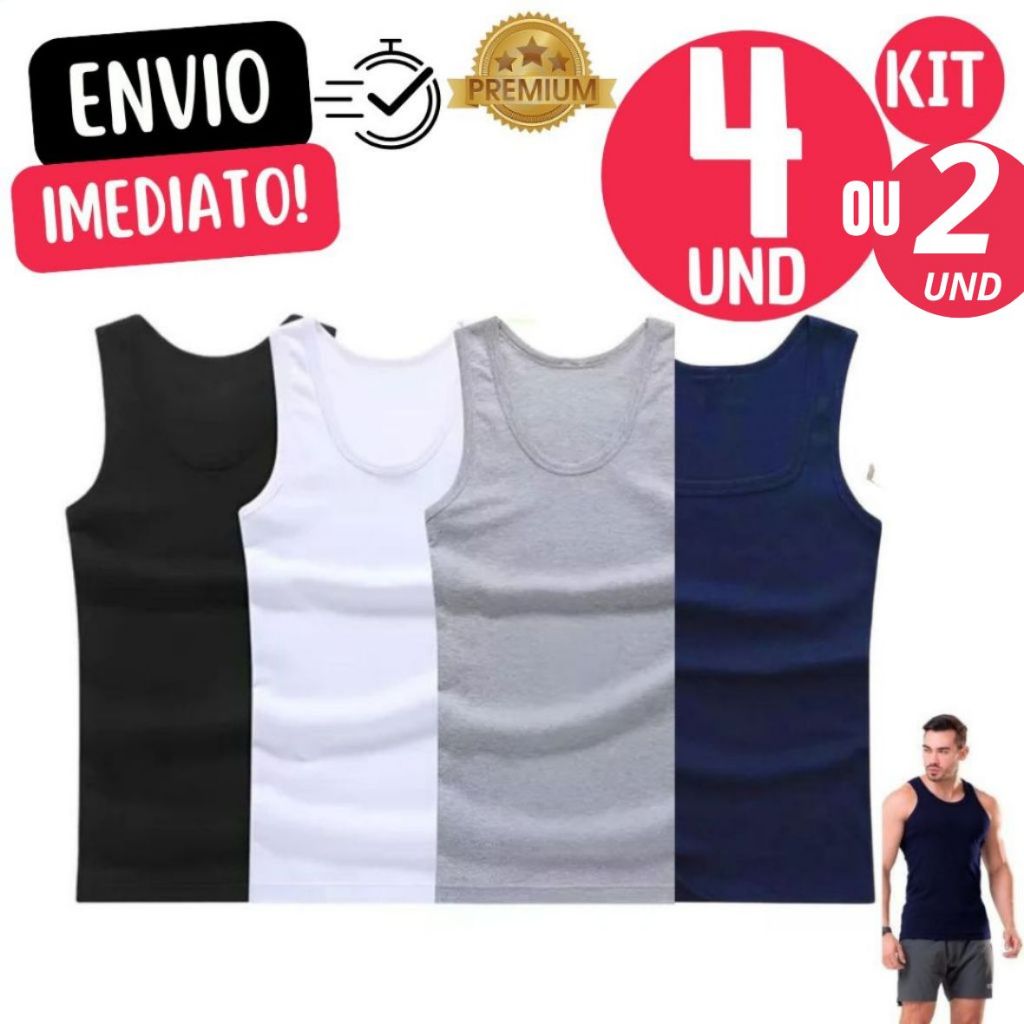 Kit C/ 4 ou 2 Regata Canelada Premium Masculina Modelo Americano Ribana Algodão Elastano Premium