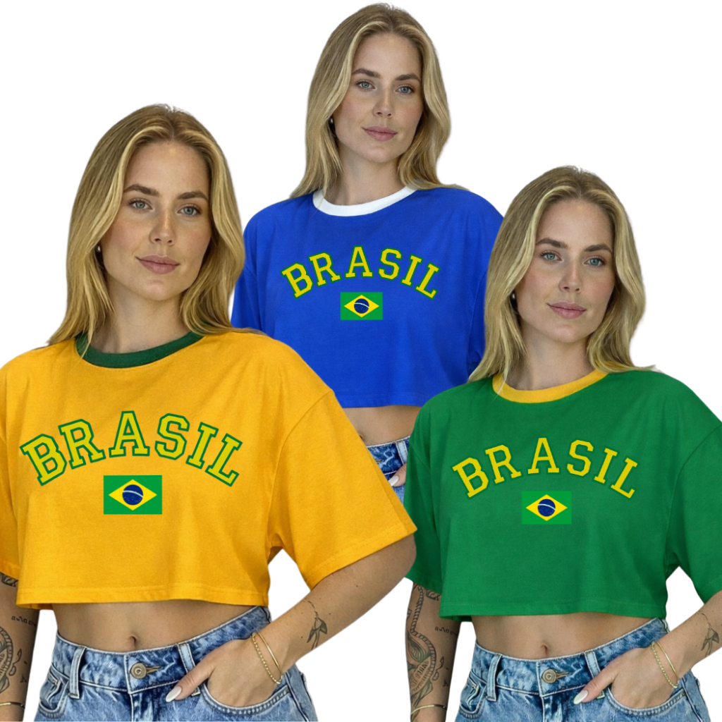 Kit 3 Cropped Oversized Brasil Bandeira Feminino Copa do Mundo Estampa Bandeira 100% Algodão ENVIO IMEDIATO