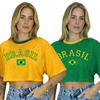 Kit 2 Cropped Oversized Brasil Bandeira Feminino Copa do Mundo Estampa Bandeira 100% Algodão ENVIO IMEDIATO