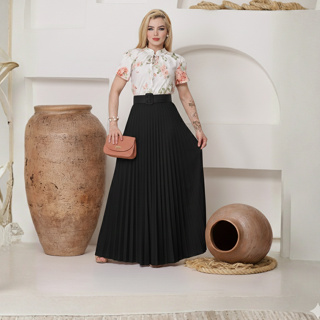 Saia Plissada Longa Feminina com cinto Moda Evangélica Casual Festa Trabalho Cintura Alta em Oferta na Shopee