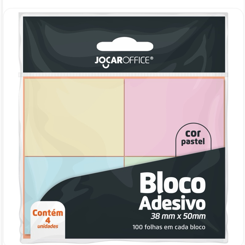 Bloco Adesivo Colorido Pastel 38mm x 50mm - oppbag com 4 Blocos 100 Folhas cada - Jocar Office Leonora