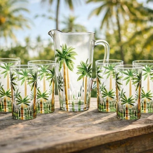 Conjunto de Jarra e Copos em Cristal Palm Tree Handpaint 7 peças 1 jarra e 6 copos