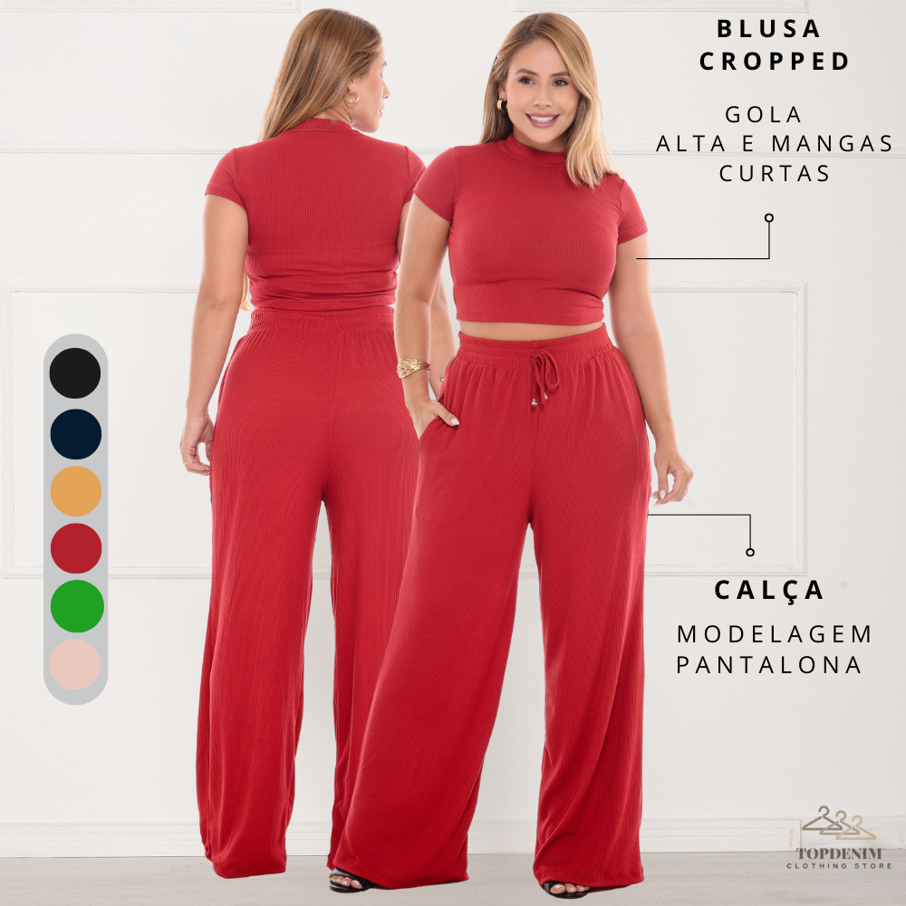 Conjunto Pantalona Feminina Canelada Com Bolso e Elástico na Cintura Blusa Gola Alta em Oferta na Shopee