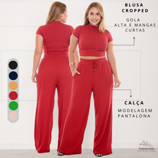 Conjunto Pantalona Feminina Canelada Com Bolso e Elástico na Cintura Blusa Gola Alta em Oferta na Shopee