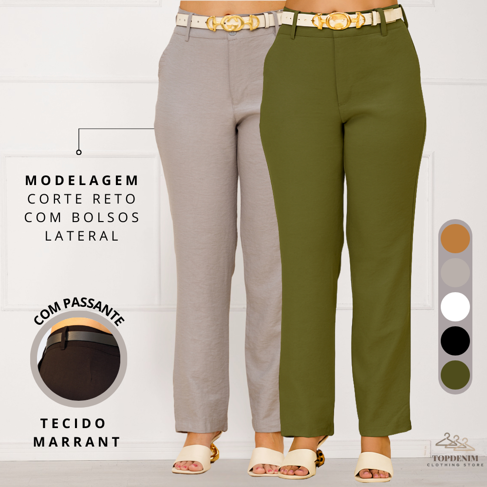 Calça Alfaiataria Feminina Social Cintura Alta Reta Tecido Marant com Bolso Lateral em Oferta na Shopee