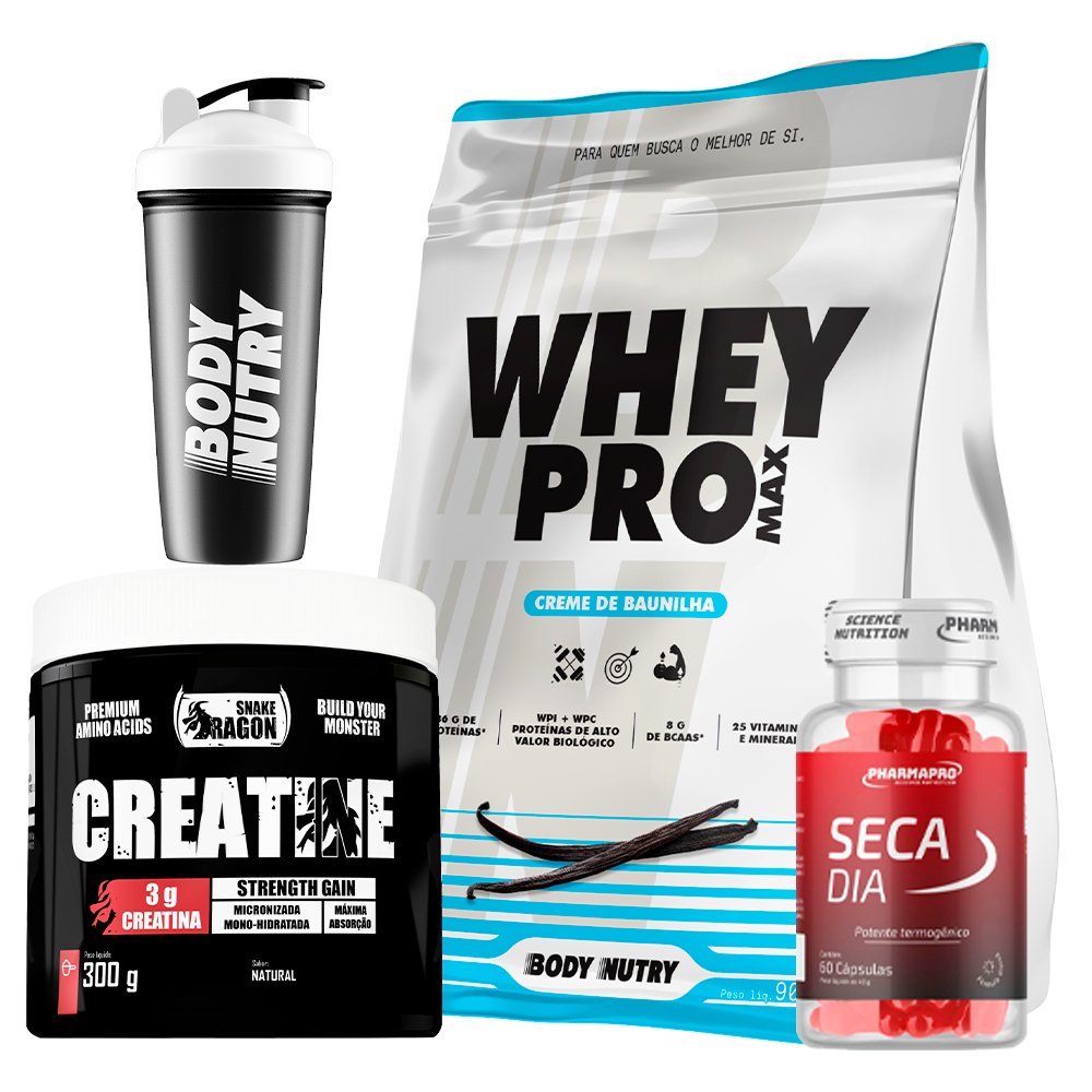 KIt Whey Pro, 900g + Creatina 300g + Termogenico Seca Dia, 60 cáps (pré treino) + Coqueteleira em Oferta na Shopee