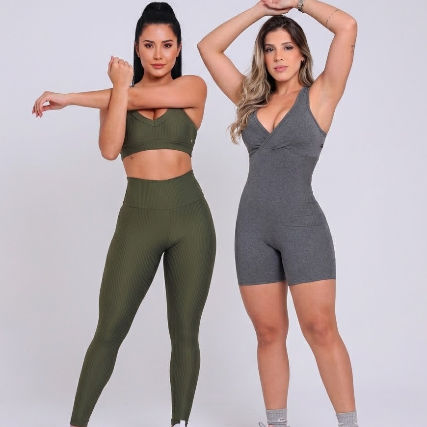 Kit Fitness 2 Looks Legging + Top + Macacão Curto Poliamida Zero Transparência