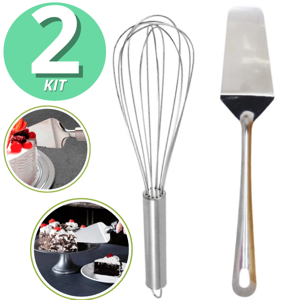 Kit Fouet Batedor de Arame + Espátula de Bolo Torta Cozinha Confeitaria Inox