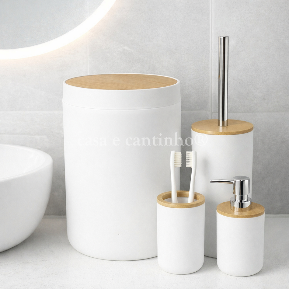 Kit Banheiro 4 Peças Premium Tampa Bambu Lixeira Escova Sanitária Porta Escova e Dispenser em Oferta na Shopee
