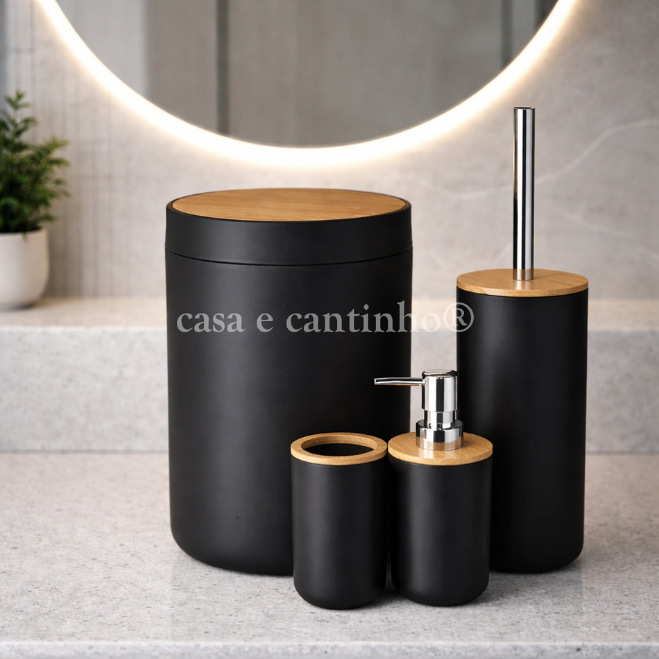 Kit Banheiro 4 Peças Premium Tampa Bambu Lixeira Escova Sanitária Porta Escova e Dispenser