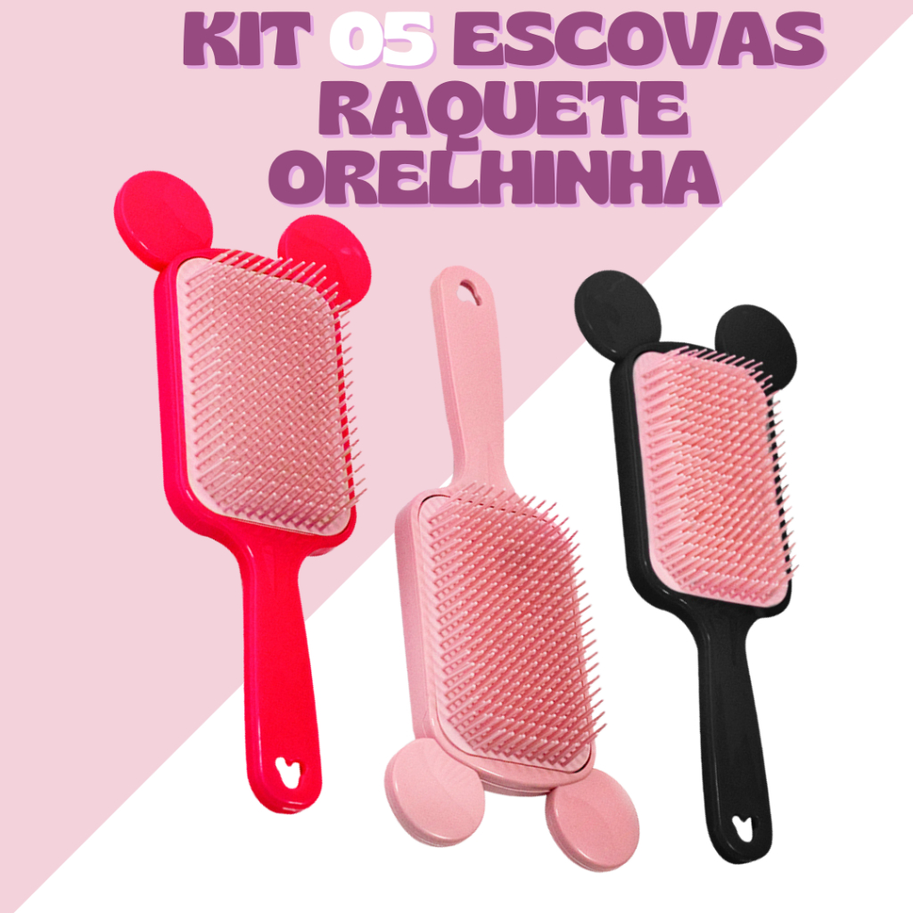 Kit 5 Escovas Raquete Orelhinha Mickey - Anti Frizz em Oferta na Shopee