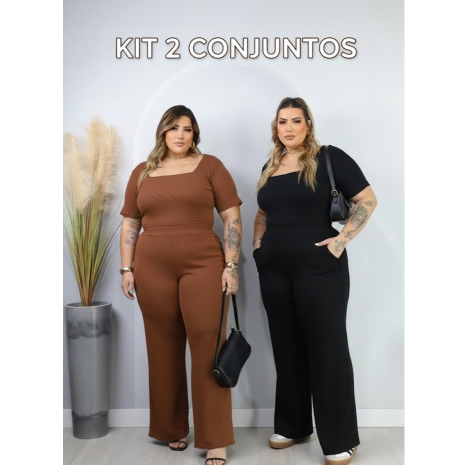 Kit 2 Conjuntos Plus Size Pantalona Com Bolso E Blusa Gola Quadrada Ribana Premium confortável curve em Oferta na Shopee