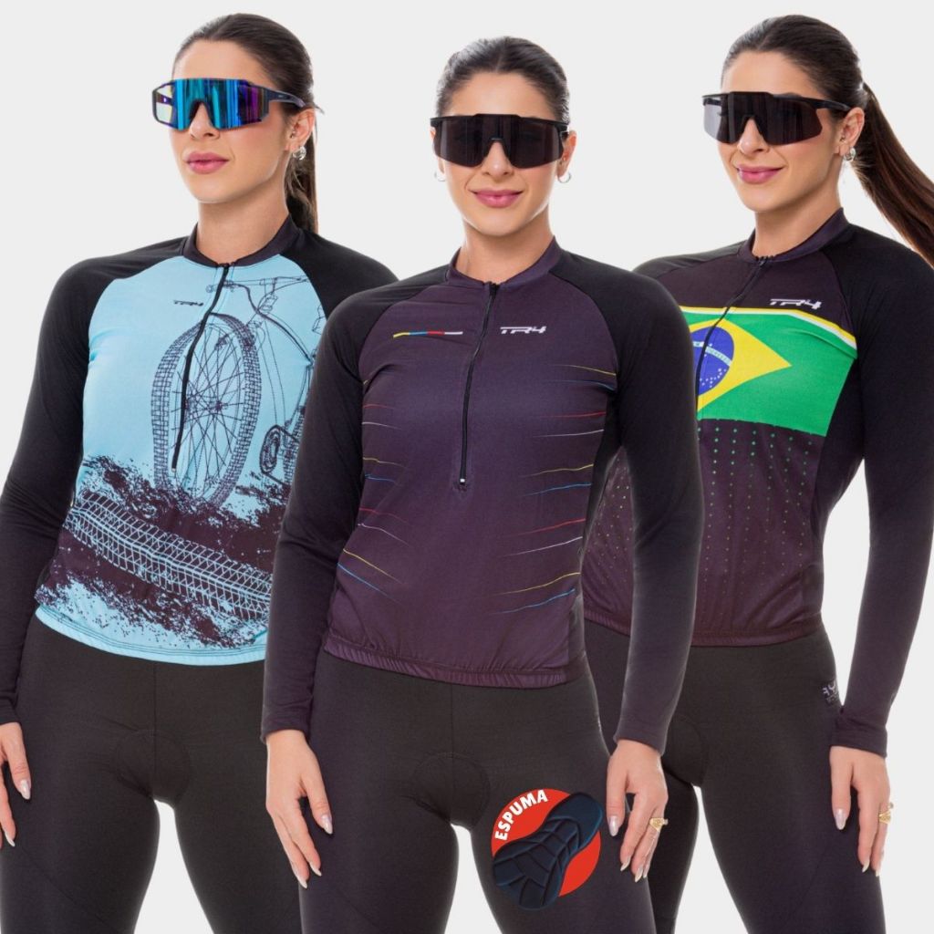 Conjunto Ciclismo Feminino Camisa Manga Longa Várias Estampas Bermuda Forro Espuma Uv50 Mtb