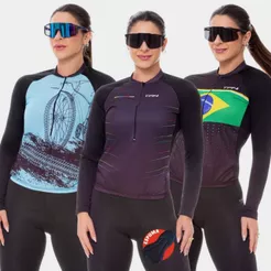 Conjunto Ciclismo Feminino Camisa Manga Longa Várias Estampas Bermuda Forro Espuma Uv50 Mtb