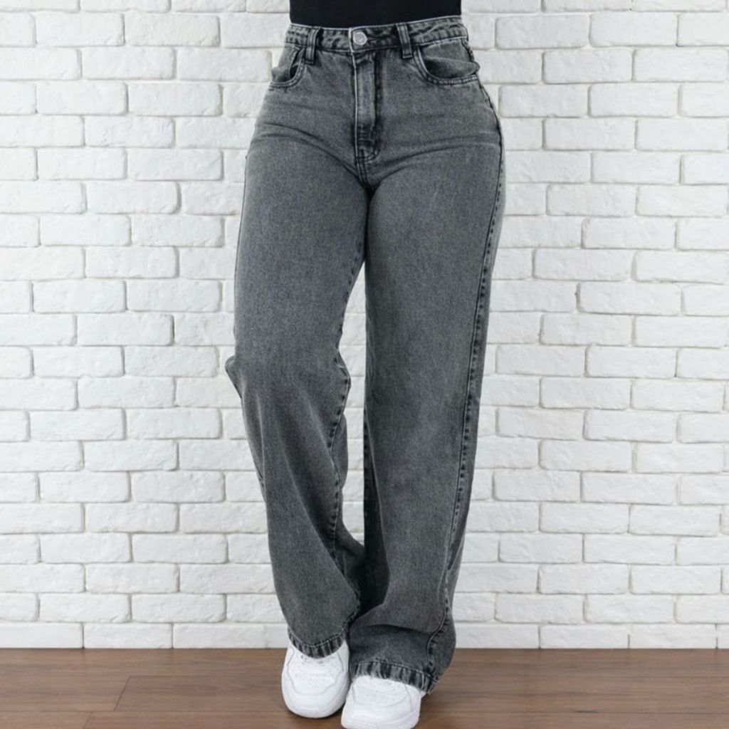 Calça Jeans Feminina Wide Leg cintura alta pantalona cinza grafite 100% Marmorizada