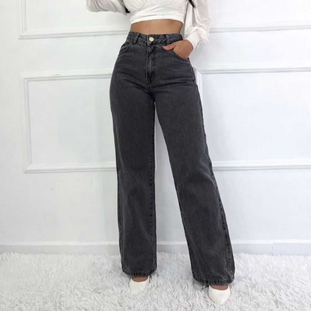 Calça Jeans Feminina Wide Leg cintura alta pantalona cinza grafite 100% Marmorizada varias cores