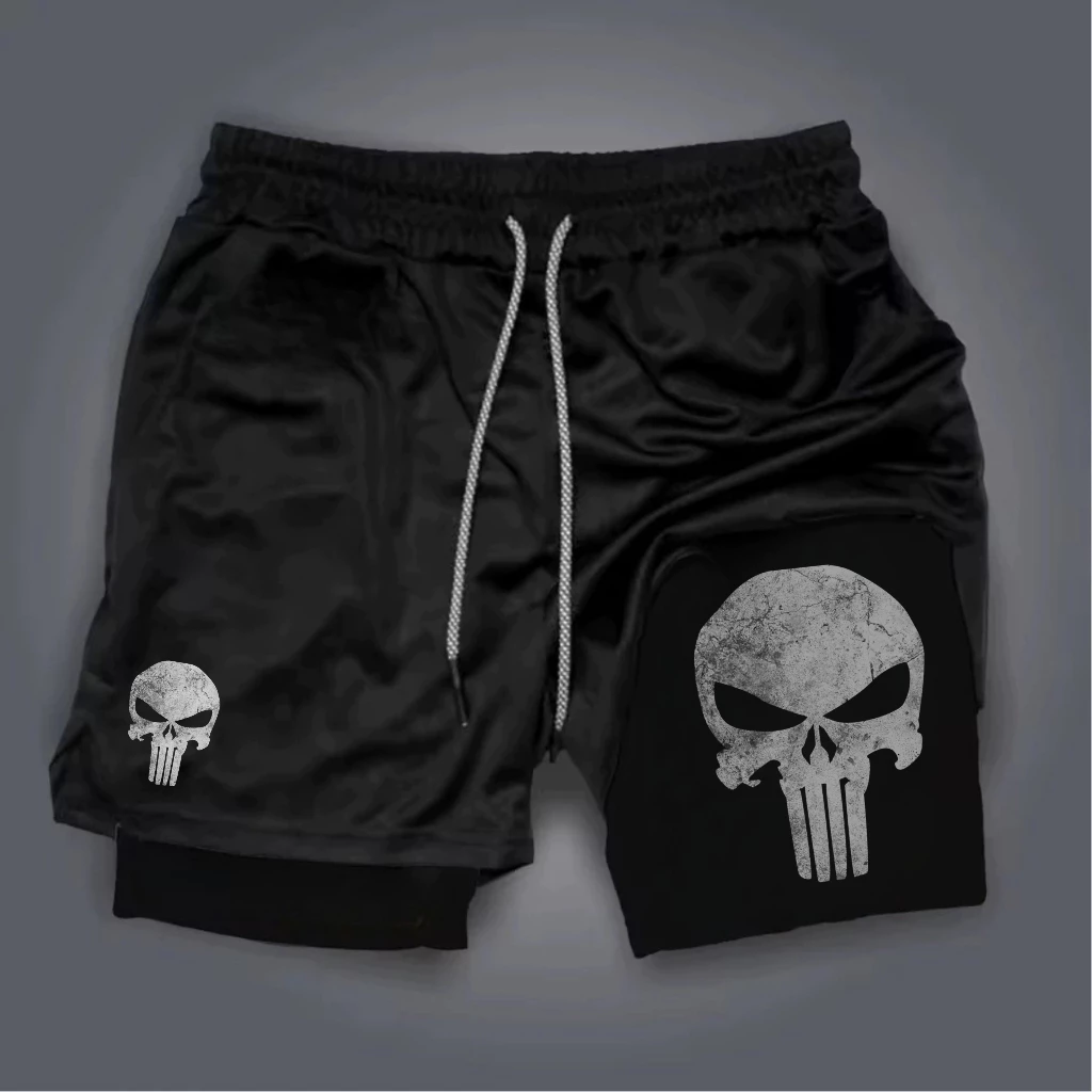 Shorts Bermuda 2 em 1 Masculina Academia Corrida Treino Fitness Muay Thai Jiu Jitsu Crosfit Compressão Arnold caveira — imagem 1