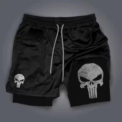 Shorts Bermuda 2 em 1 Masculina Academia Corrida Treino Fitness Muay Thai Jiu Jitsu Crosfit Compressão Arnold caveira