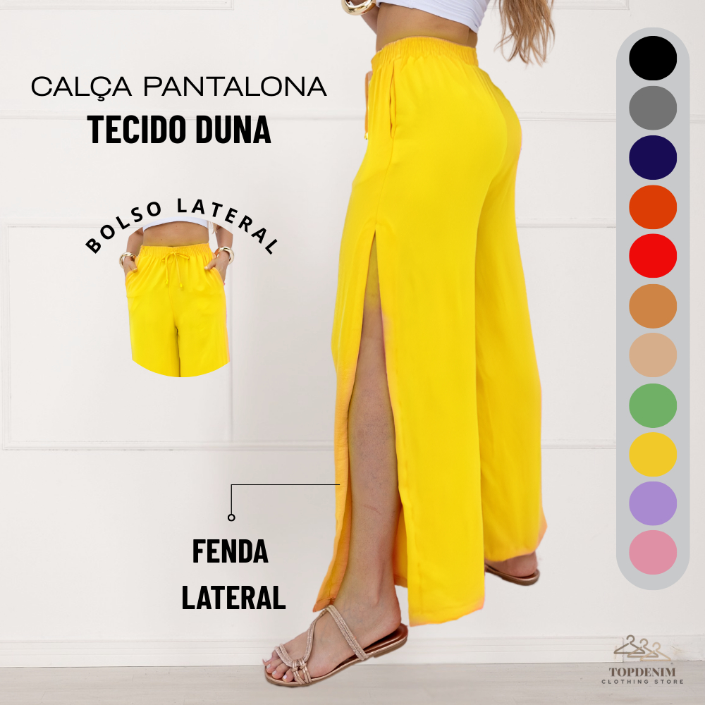 Calça Feminina Pantalona Duna Com Bolso  Fenda Lateral e cós largo e Cordão em Oferta na Shopee