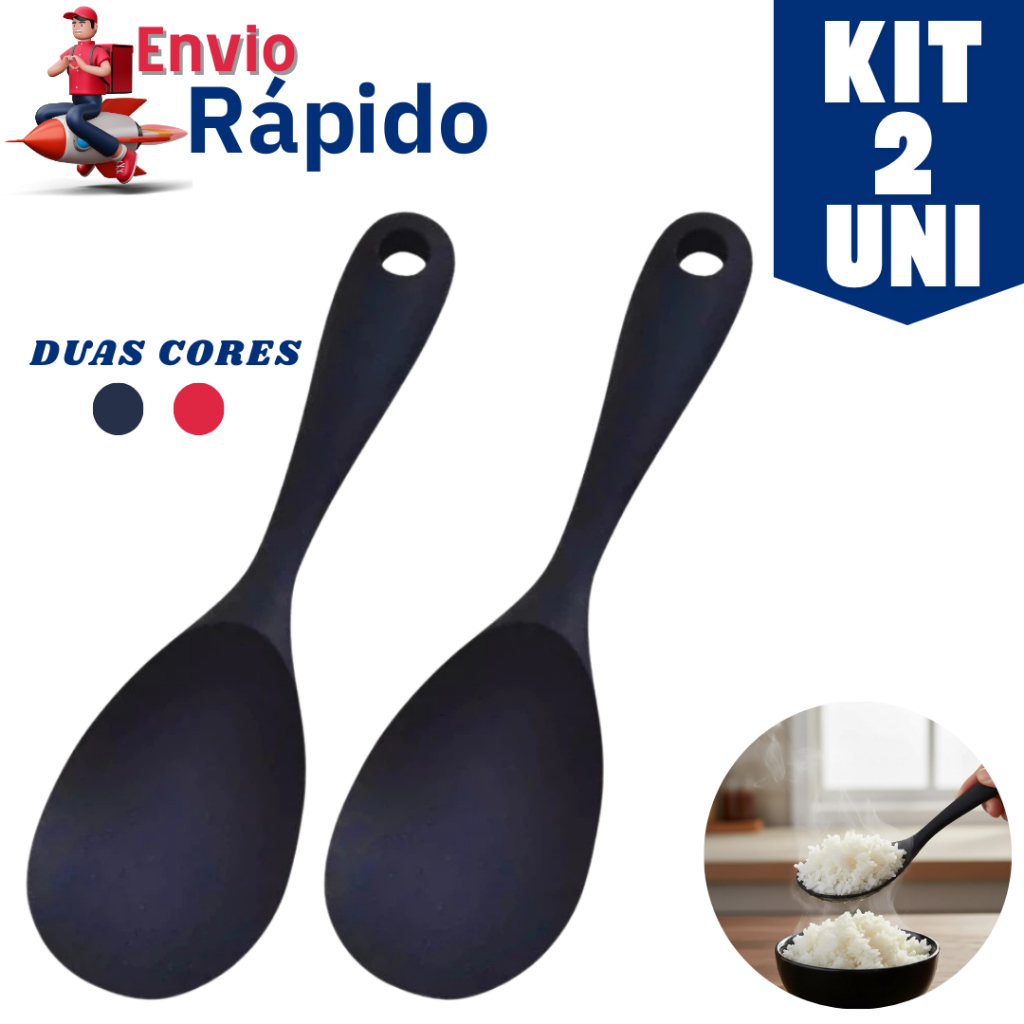 Jogo 2 Colheres de Servir Silicone Arroz Utensílio Antiaderente Multiuso Preparar Não Risca Panela
