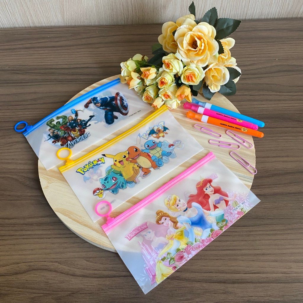 10 Estojo princesas, homem aranha, picachu, heróis 21x10cm zip look festa personalizada lembrancinha