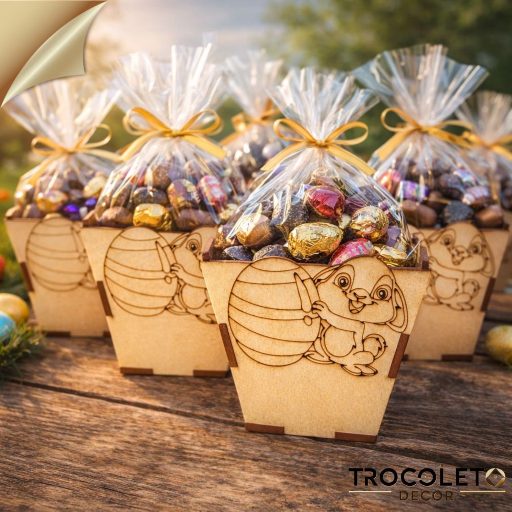 KIT 15/10/5 Caixinhas de Páscoa em MDF com Coelho – Porta Chocolate Decorativo 10x9,5