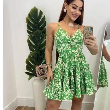 vestido camponesa floral redondo babados e amarração e lástex nas costas, para verão fresquinho e moderno tecido premium