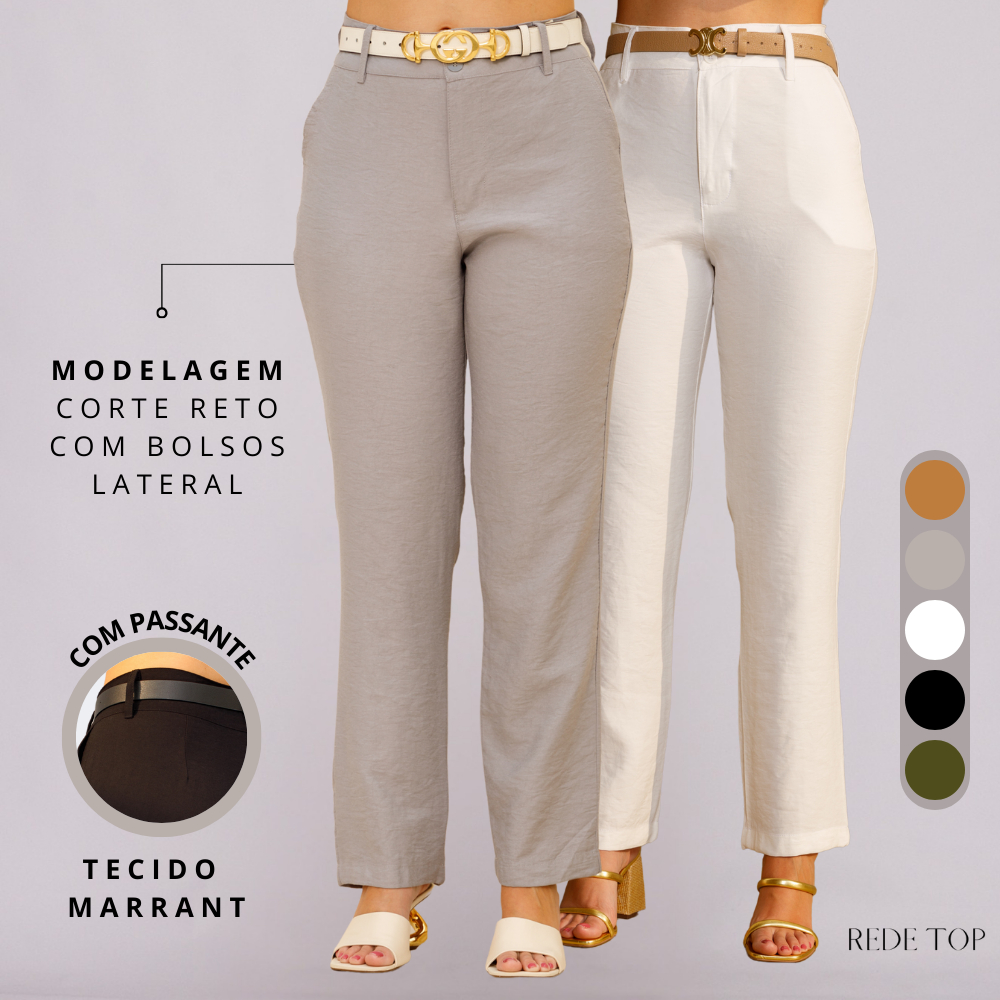 Calça Alfaiataria Feminina Social Cintura Alta Reta Tecido Marrant com Bolso Lateral em Oferta na Shopee