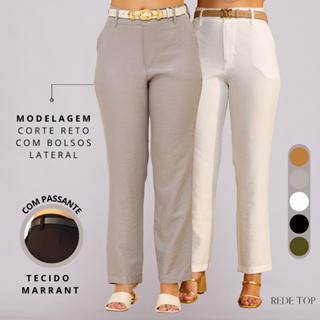 Calça Alfaiataria Feminina Social Cintura Alta Reta Tecido Marrant com Bolso Lateral em Oferta na Shopee