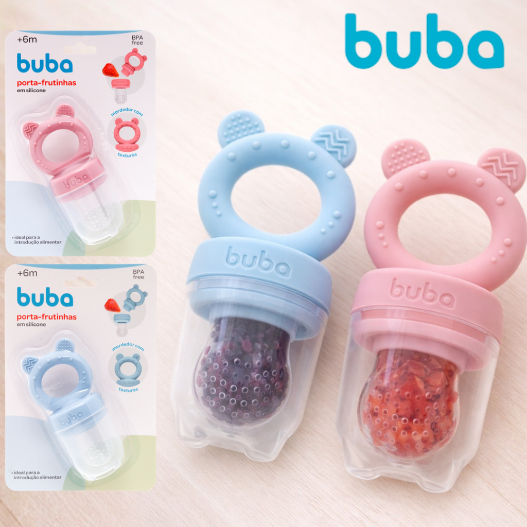 Porta Frutinhas em Silicone Chupeta com Mordedor Ursinho Buba Azul ou Rosa Alimentador Infantil