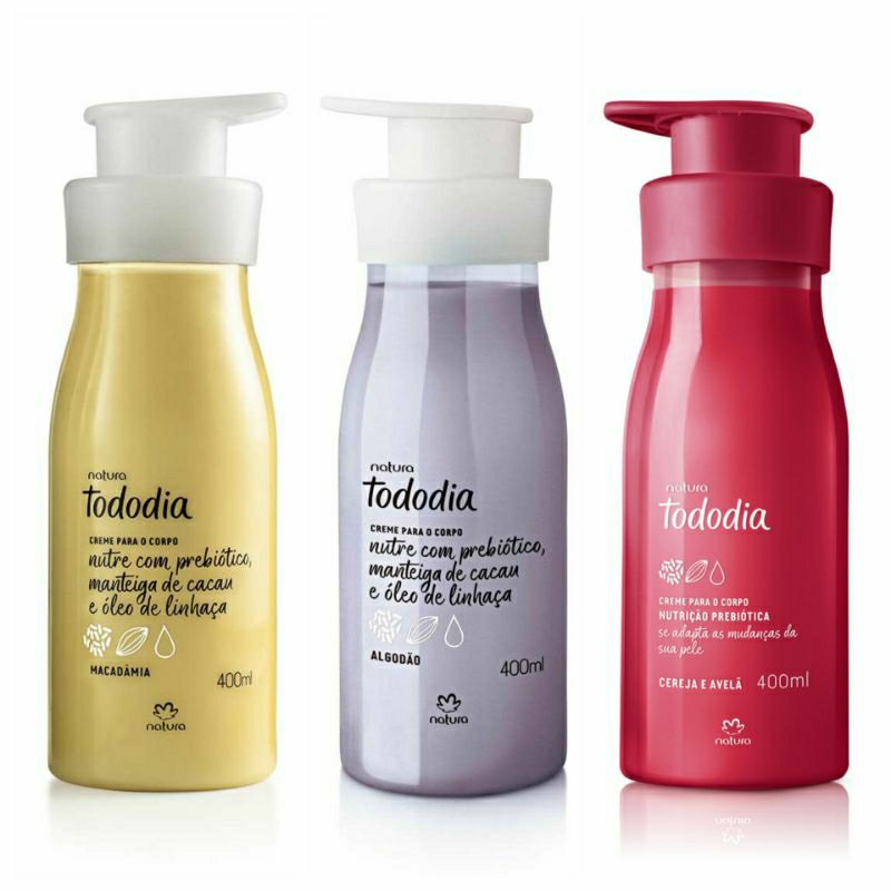 Kit 3 Creme Hidratante Corporal Tododia 400ml Cada (Macadâmia, Algodão e Cereja e Avelã) Natura