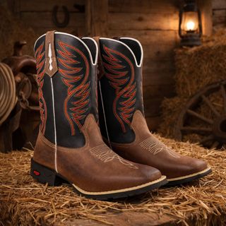 Texanas Masculinas Bota Country Botina Txc Cano Medio Couro Bordado Bico Quadrado Pecuaria Rodeio
